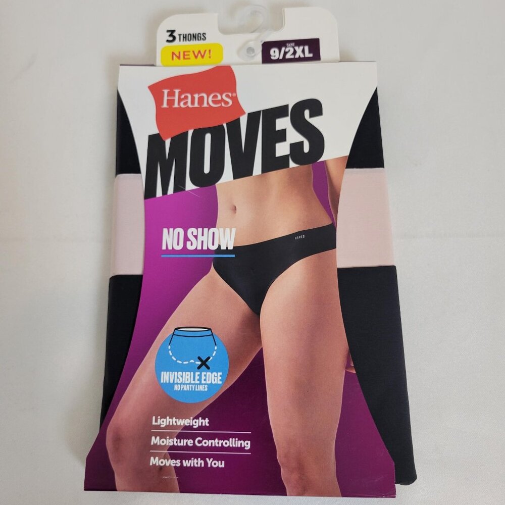 Womens Hanes Moves No Show Thong Panties (Size 9/2XL) BRAND NEW W TAGS Blk/Pnk